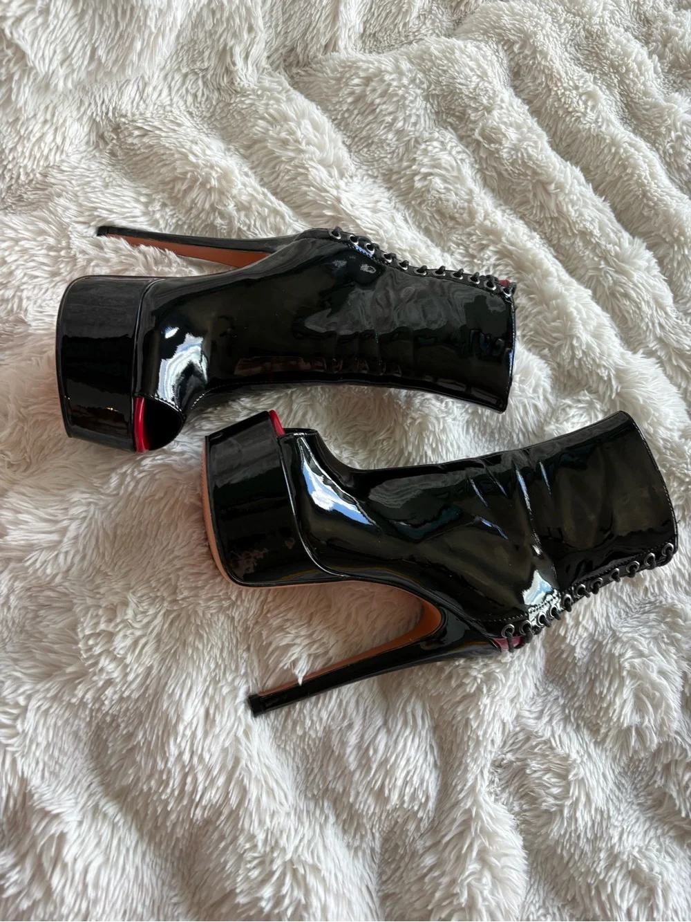 Black Patent Peep-Toe Platform Booties with Red Accent
